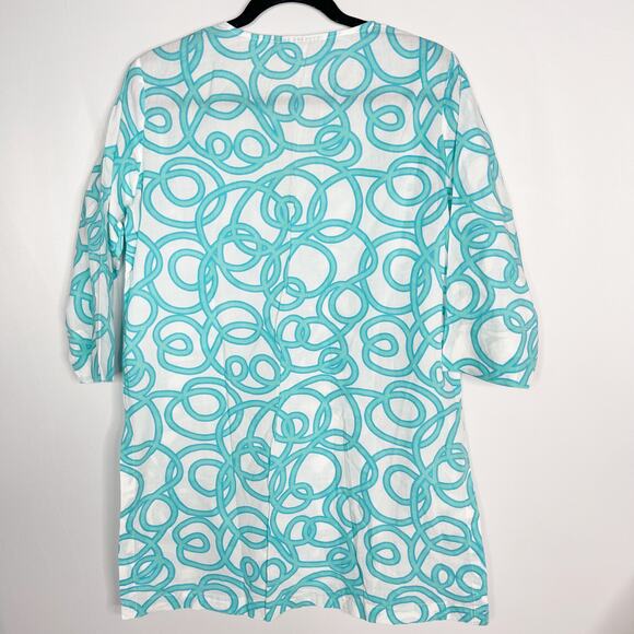 Gretchen Scott S Blue White Split V Neck Swirl Print Tunic Top Cotton Side Split - Picture 2 of 8